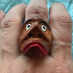 Handcrafted Wooden Totem Monkey Tribal Coconut Ring Hawaiian Easter Island Tiki